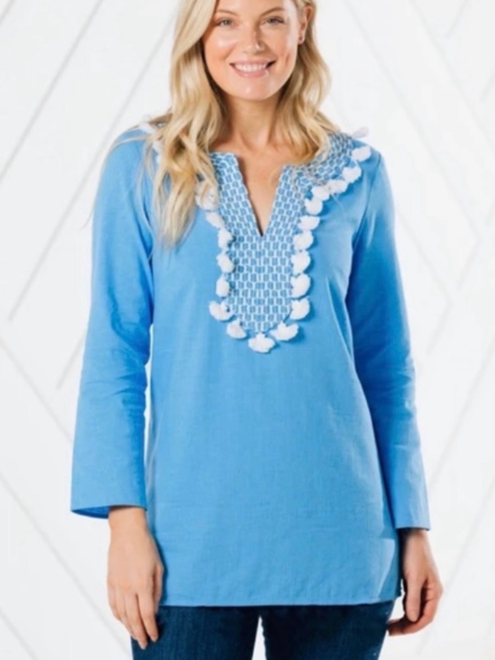 Sail to Sable Light Blue Embroidered Pom-Pom V-Neck Tunic Top